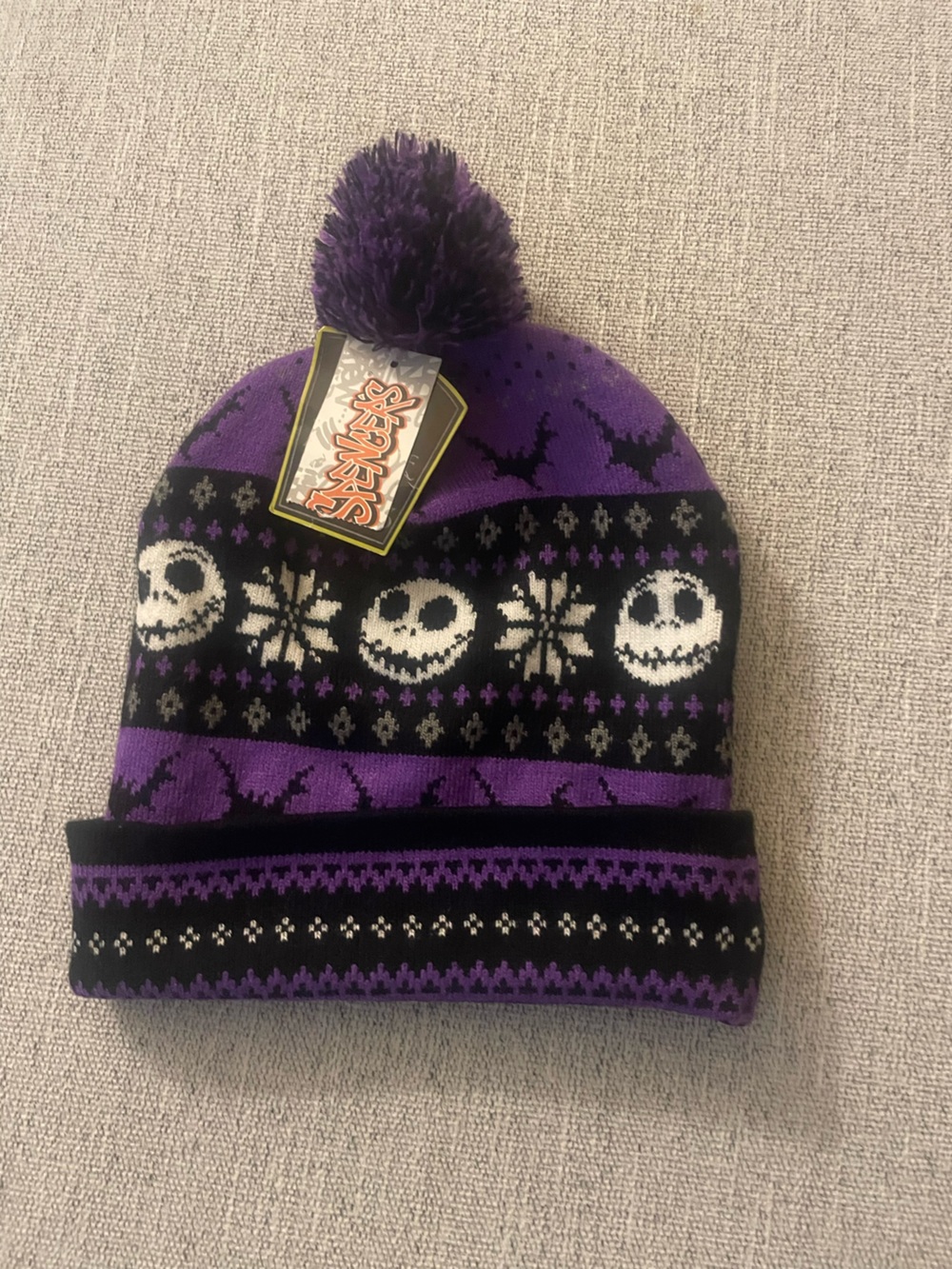Purple & Black Skull Pattern Pom Beanie